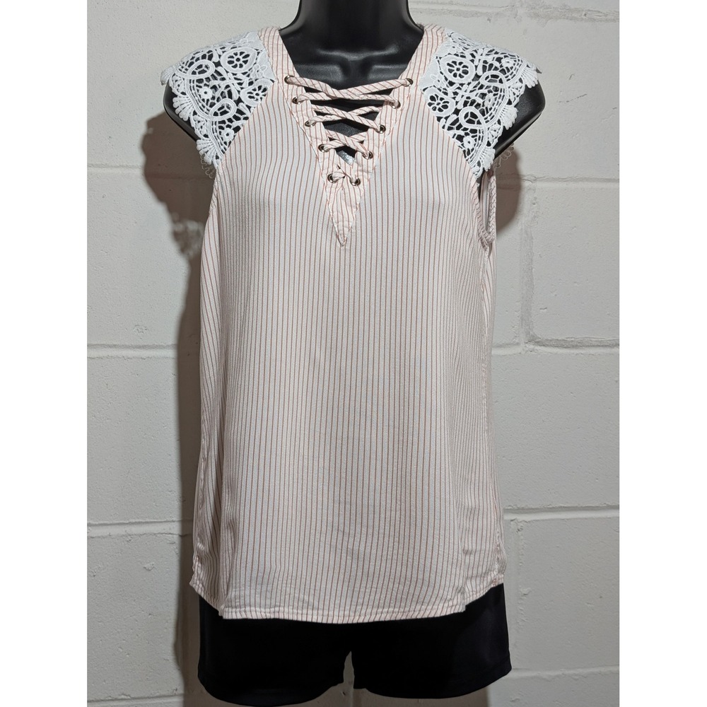 Maurices Pink White Striped Sleeve Lace Up V Neck Sleeveless Top Womens Medium